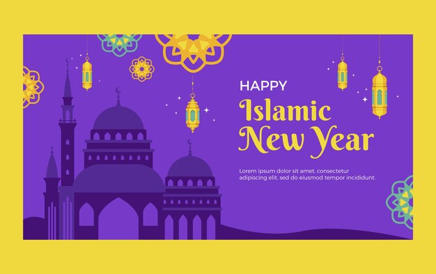 Плоский исламский новогодний шаблон поста в социальных сетях с фонарями и дворцом
