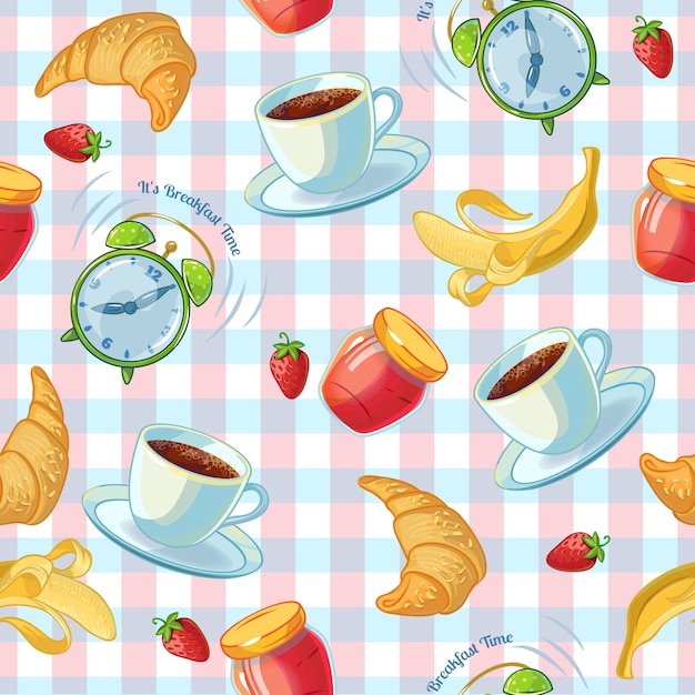 Free vector flat isolated pattern with coffee cup croissants alarm clock and jam on a tablecloth
