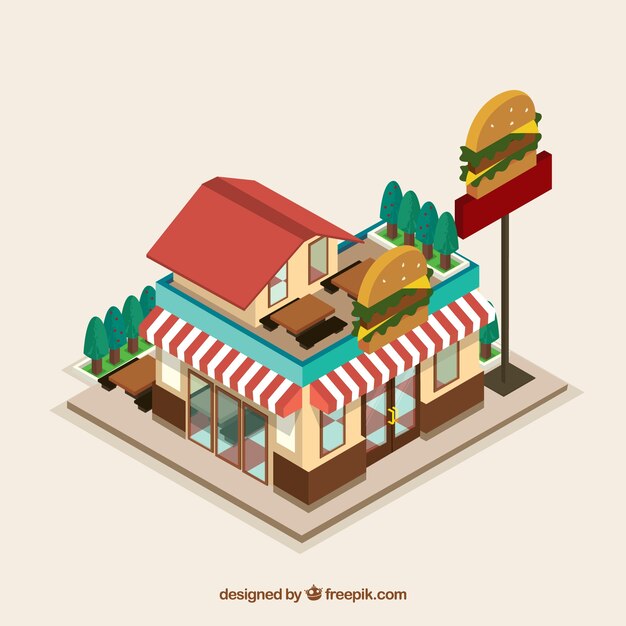 Flat and isometric burger restaurant