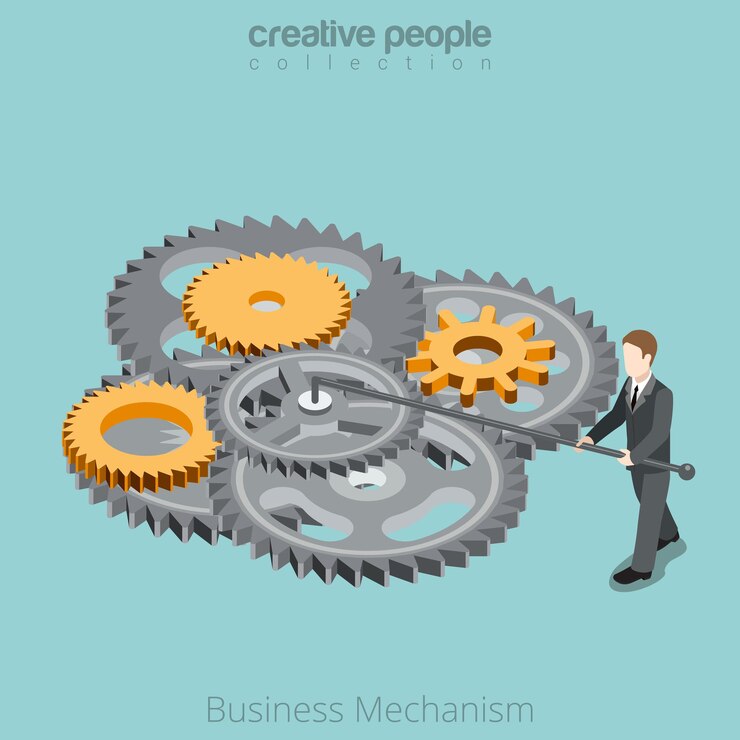 Free Vector flat isometric businessman tuning gearwheel mechanism  entrepreneurship know-how isometry business concept.