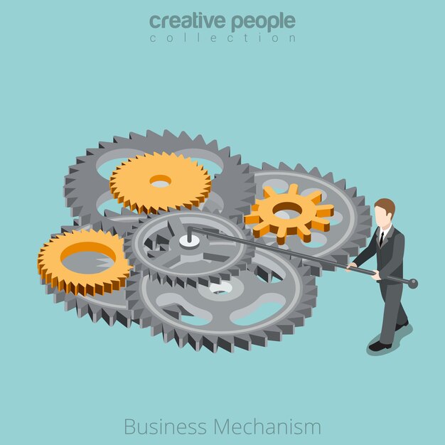 Flat isometric Businessman tuning gearwheel mechanism  Entrepreneurship know-how isometry business concept.