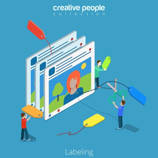 Flat isometric casual people tag photo on social media app interface screen  Labeling, tagging isometry internet technology concept.