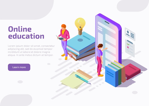 Flat isometric illustration of online education.