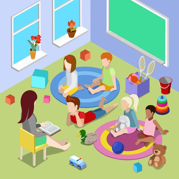 Free vector flat isometric illustration with teacher reading book for children in playschool day care center interior