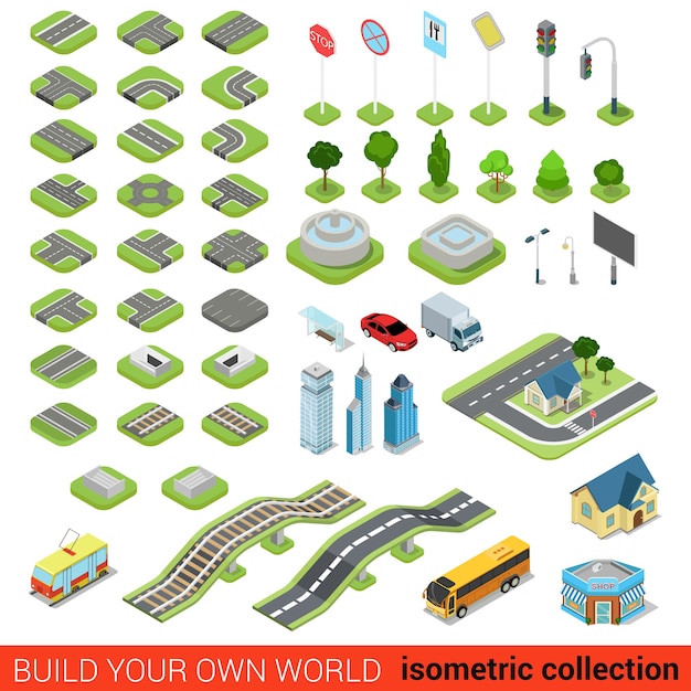 Free vector flat isometric street road sign building blocks infographic concept set crossroad railway fountain traffic light lantern skyscraper tram bus shop build your own infographics world collection