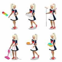 Free vector flat isometric young swarthy  female housemaid maid maidservant chambermaid cleaner