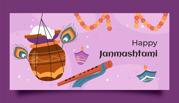 Flat janmashtami horizontal banner template with vessel and flute