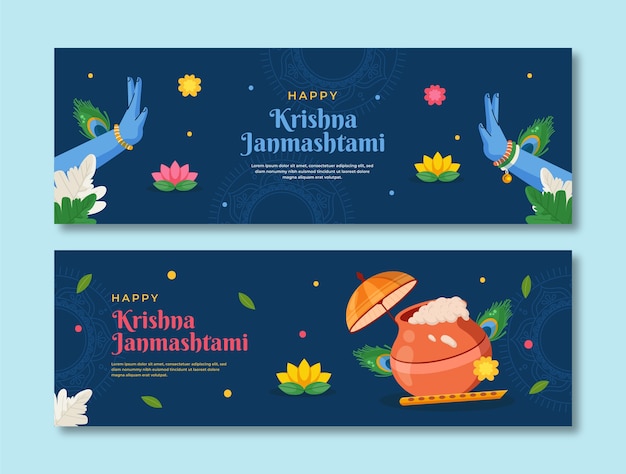 Flat janmashtami horizontal banners set