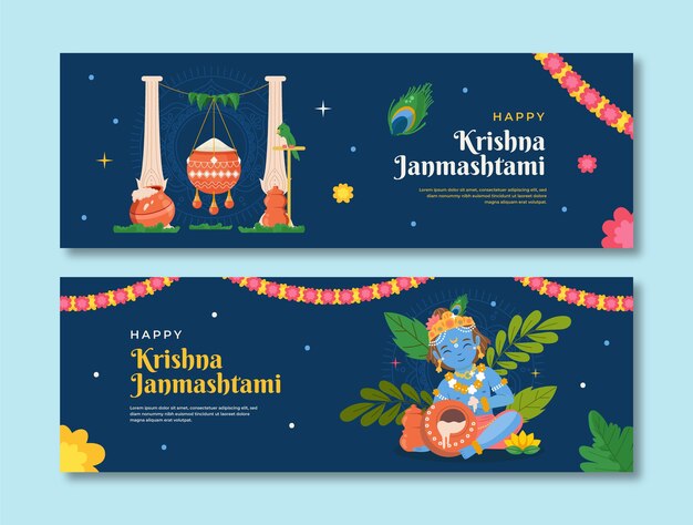 Vettore gratuito set di banner orizzontali janmashtami piatti