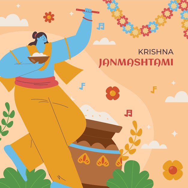 Vettore gratuito illustrazione di janmashtami piatto