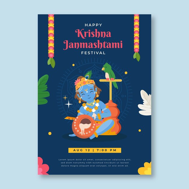 Flat janmashtami poster template with baby krishna