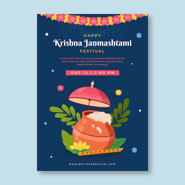 무료 벡터 배와 쌀 플랫 janmashtami 포스터 템플릿