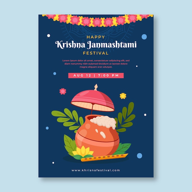 배와 쌀 플랫 janmashtami 포스터 템플릿