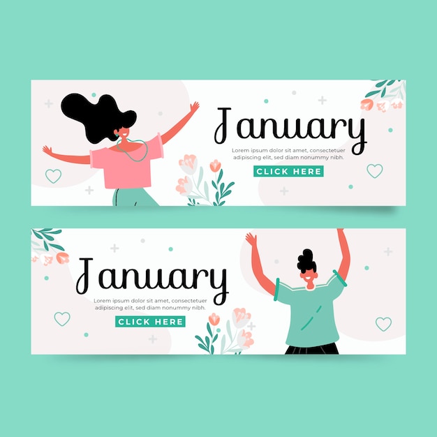 Flat january horizontal banners set