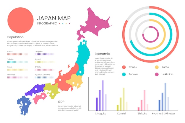 무료 벡터 평면 일본지도 infographic 템플릿