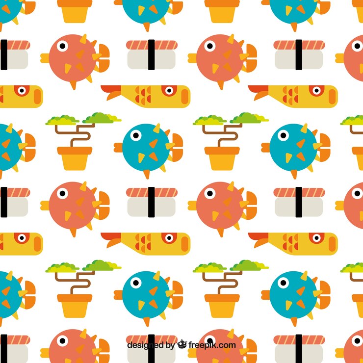 Free Vector flat japanese fishes and sushi pattern 