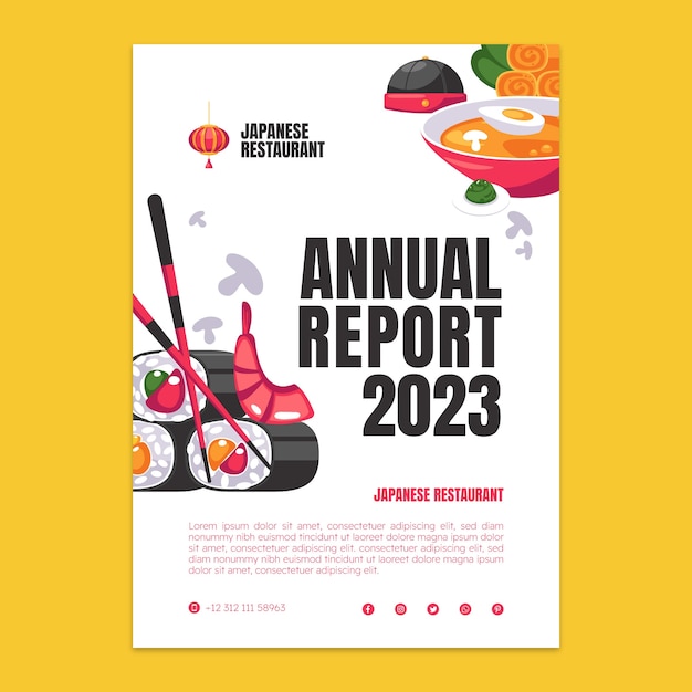 Flat japanese restaurant annual report template with traditional food