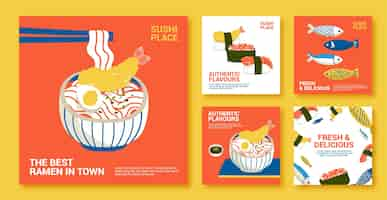 Free vector flat japanese restaurant instagram posts collection