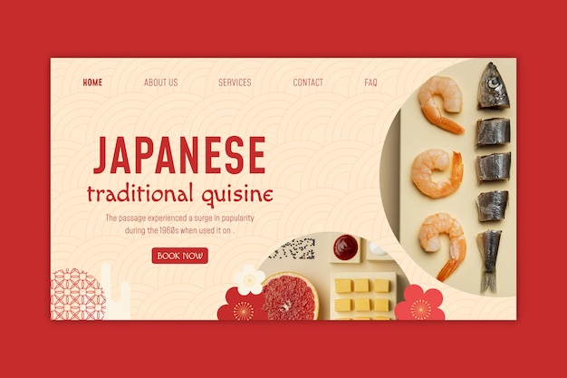 Vettore gratuito modello di pagina di destinazione del ristorante giapponese piatto