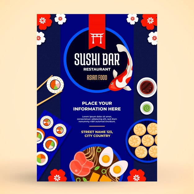 Flat japanese restaurant vertical poster template