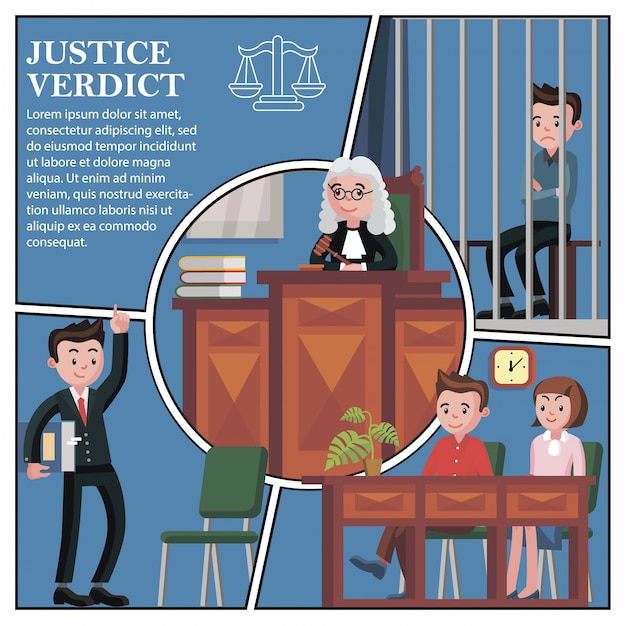 Free vector flat judicial session participants composition with lawyer jury judge and defendant sitting behind bars