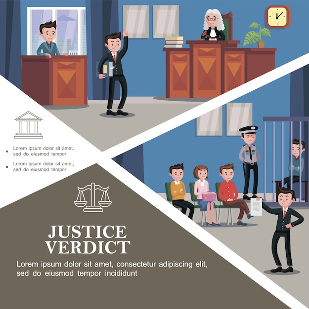 Бесплатное векторное изображение Плоский шаблон судебной системы с различными участниками судебного заседания и счастливым адвокатом, который держит документ с вердиктом правосудия перед судом присяжных.