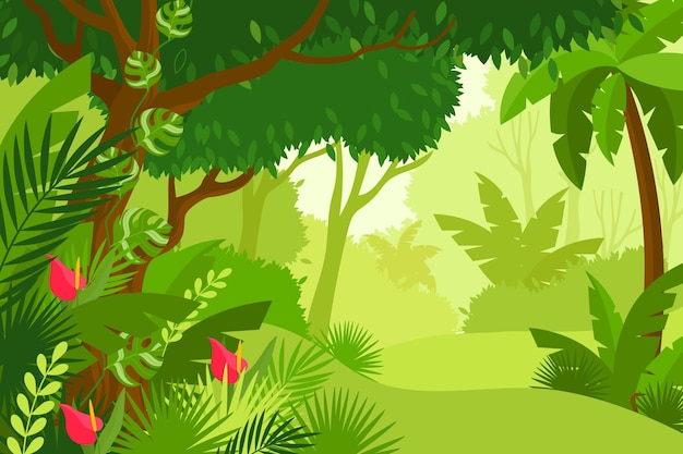 Flat jungle background with tall trees and colorful flowers