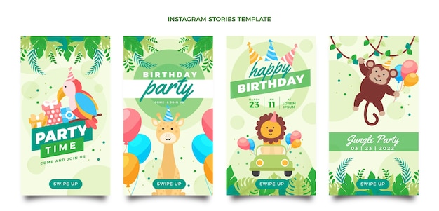 Free vector flat jungle birthday party instagram stories collection