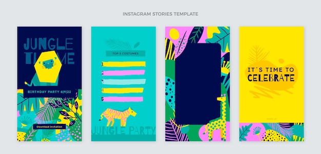 Free vector flat jungle birthday party instagram stories collection