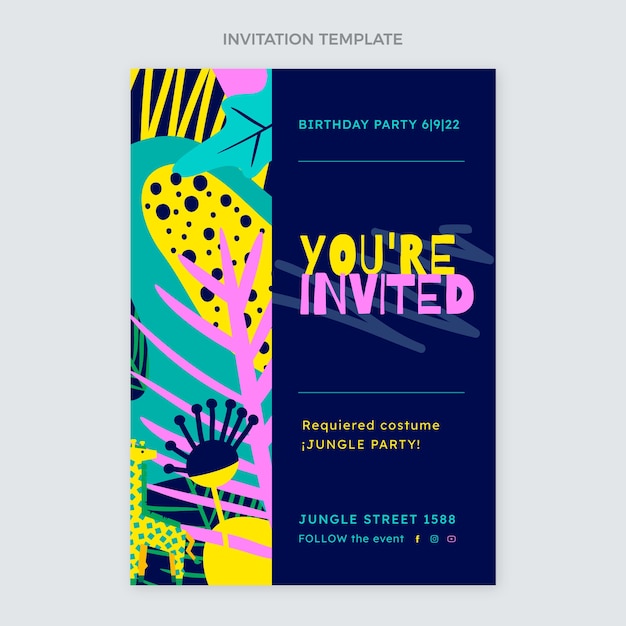 Free vector flat jungle birthday party invitation template