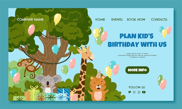 Бесплатное векторное изображение Шаблон целевой страницы для вечеринки по случаю дня рождения в джунглях