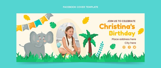 Flat jungle birthday party social media cover template