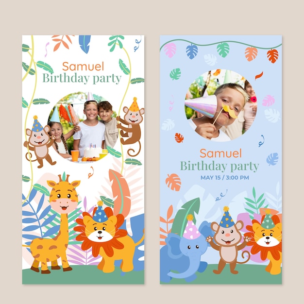 Flat jungle birthday party vertical banners set