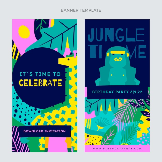 Free vector flat jungle birthday party vertical banners set