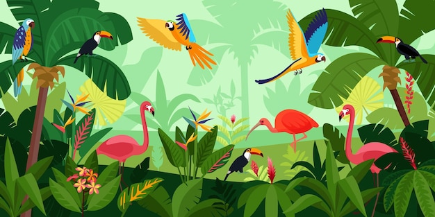 Flat jungle composition birds fly in dense jungle pink\
flamingos and large parrots vector illustration