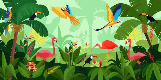 평평한 정글 구성 새는 빽빽한 정글 핑크 플라밍고와 큰 앵무새 벡터 일러스트 레이 션에 비행