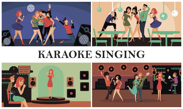 Бесплатное векторное изображение Плоская караоке-вечеринка красочная композиция со счастливыми мужчинами и женщинами, поющими караоке в клубе