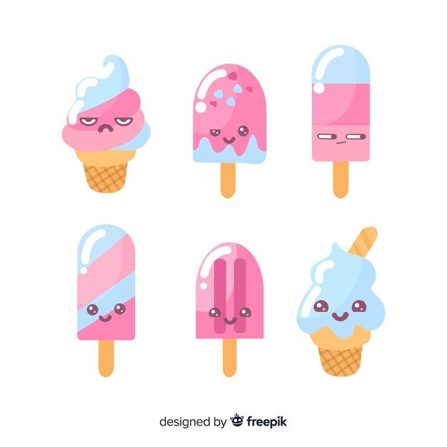 Flat kawaii ice cream collection