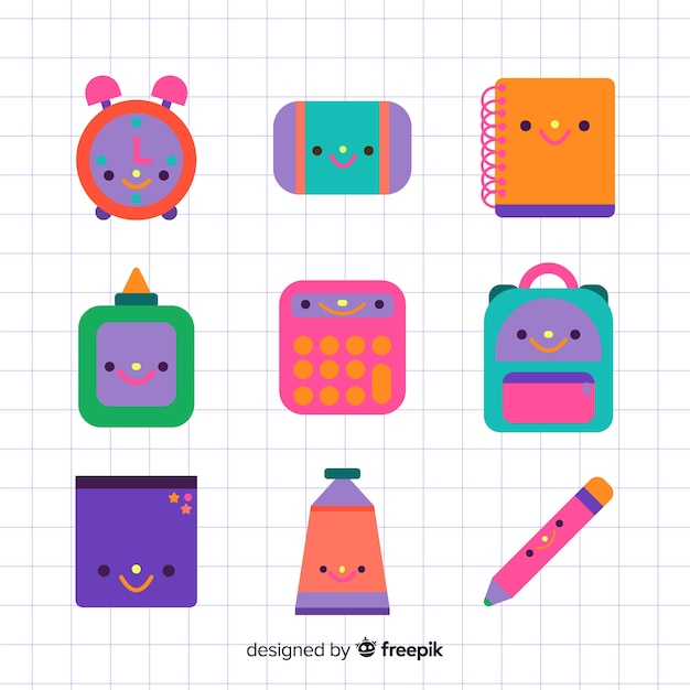 Vettore gratuito collezione di materiale scolastico kawaii piatto