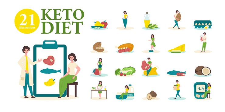 Бесплатный Вектор плоский набор кето-композиций с диетологом показывает приготовленные пациентом продукты меню, разрешенные на векторной иллюстрации диеты