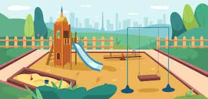 Free vector flat kids playground in park with sandbox slide and swing