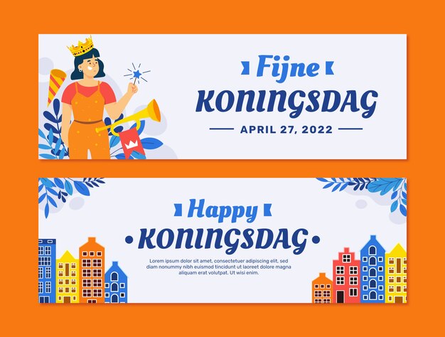 Free vector flat koningsdag horizontal banners set