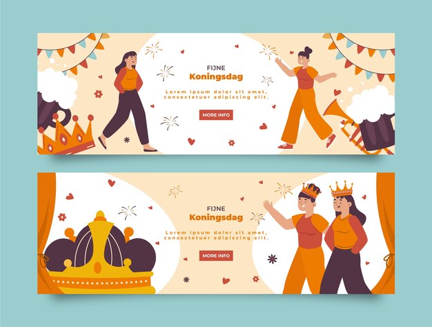 Free vector flat koningsdag horizontal banners set