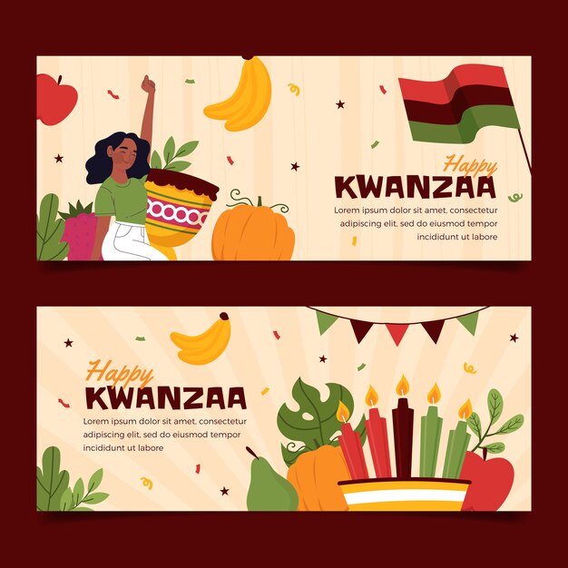 Flat kwanzaa horizontal banners set