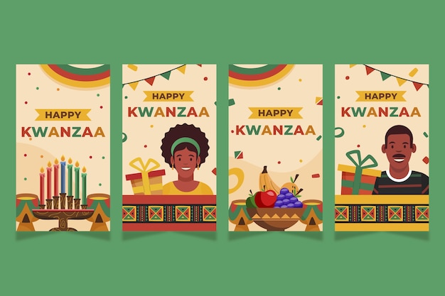 Vettore gratuito raccolta di storie piatte su instagram kwanzaa