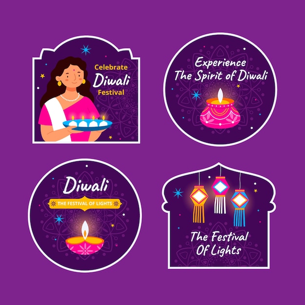 Vettore gratuito collezione di etichette piatte per la celebrazione del festival di diwali