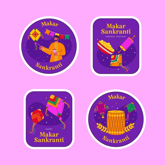 Flat labels collection for makar sankranti festival celebration