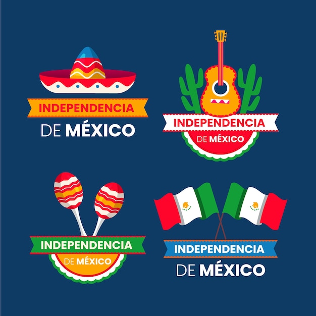 Free vector flat labels collection for mexico independence celebration