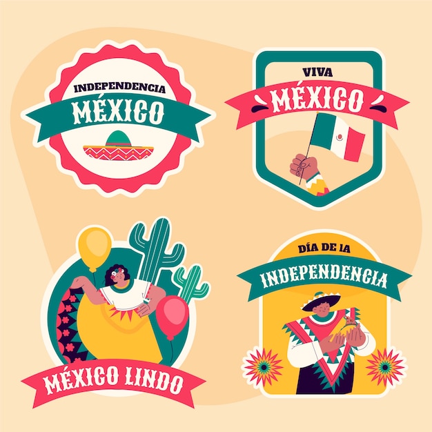 Free vector flat labels collection for mexico independence celebration