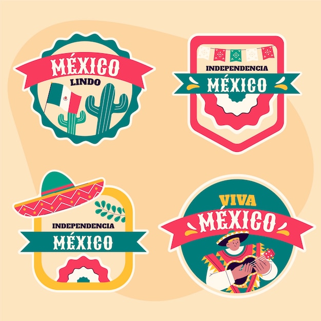 Free vector flat labels collection for mexico independence celebration